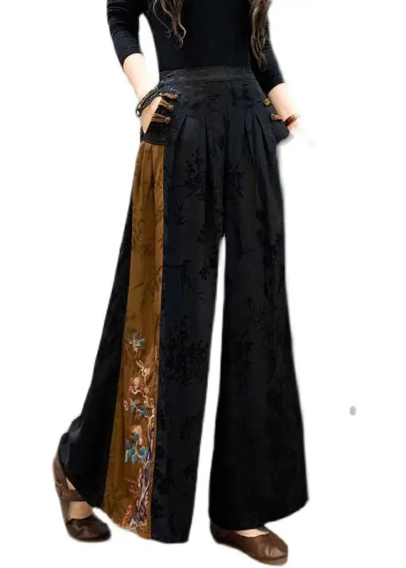 Plus Size Black Embroideried Patchwork Pockets Silk Crop Pants Fall Ada Fashion