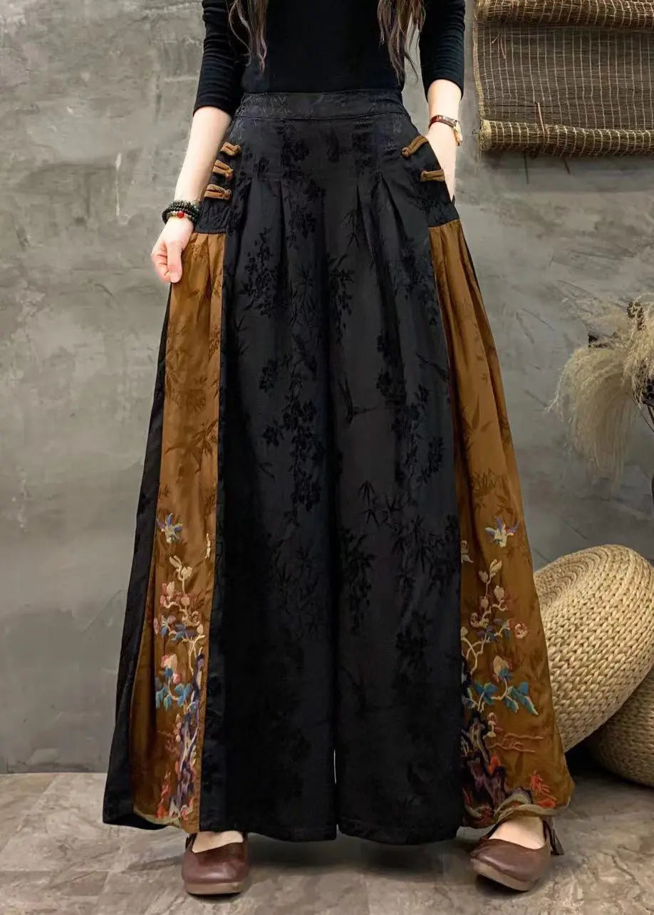 Plus Size Black Embroideried Patchwork Pockets Silk Crop Pants Fall Ada Fashion