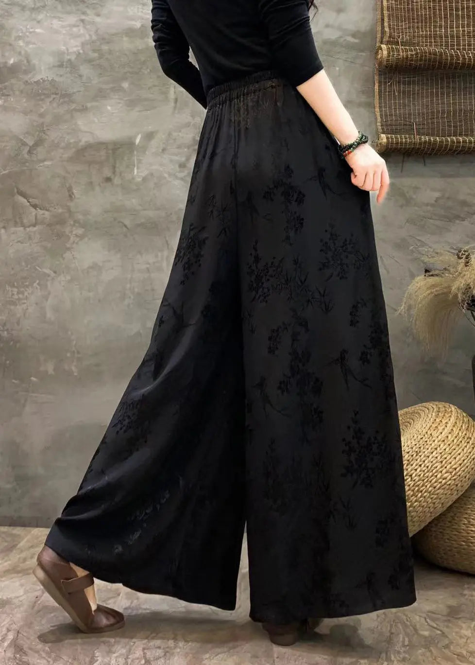 Plus Size Black Embroideried Patchwork Pockets Silk Crop Pants Fall Ada Fashion