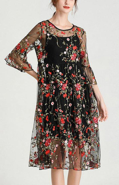 Plus Size Black Embroidery Lace Dress - fabuloryshop