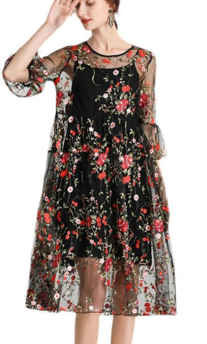 Plus Size Black Embroidery Lace Dress - fabuloryshop