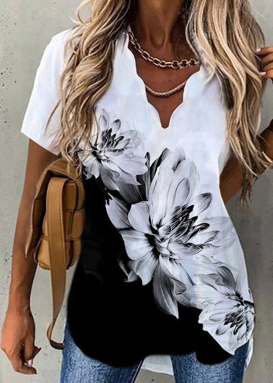 Plus Size Black Floral V Neck Print T Shirt Short Sleeve LY3877 - fabuloryshop