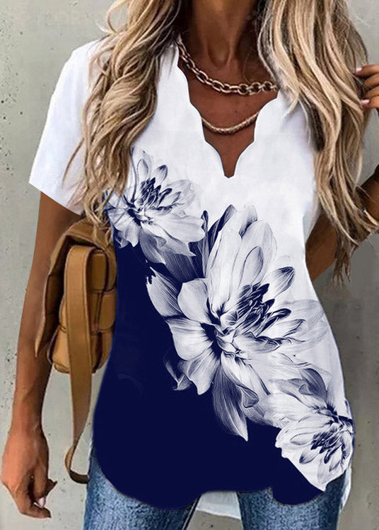 Plus Size Black Floral V Neck Print T Shirt Short Sleeve LY3877 - fabuloryshop