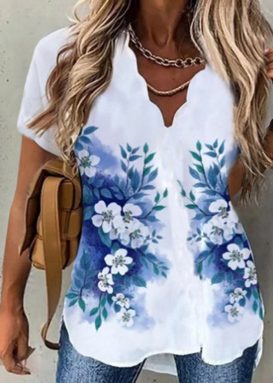Plus Size Black Floral V Neck Print T Shirt Short Sleeve LY3877 - fabuloryshop