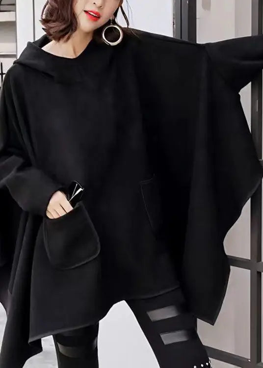 Plus Size Black Hooded Asymmetrical Design Patchwork Faux Suede Sweatshirt Fall Ada Fashion