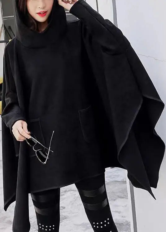 Plus Size Black Hooded Asymmetrical Design Patchwork Faux Suede Sweatshirt Fall Ada Fashion