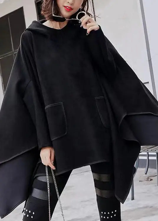 Plus Size Black Hooded Asymmetrical Design Patchwork Faux Suede Sweatshirt Fall Ada Fashion