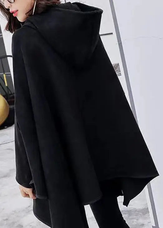 Plus Size Black Hooded Asymmetrical Design Patchwork Faux Suede Sweatshirt Fall Ada Fashion