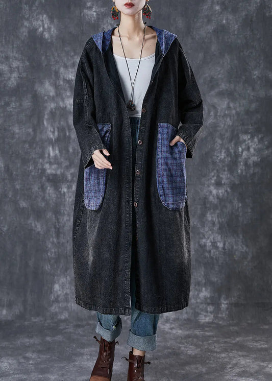 Plus Size Black Hooded Patchwork Big Pockets Denim Coats Fall Ada Fashion
