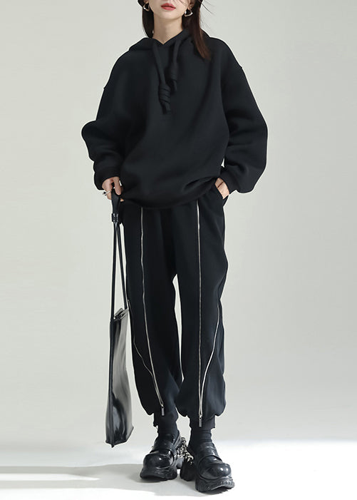 Plus Size Black Hooded Patchwork Warm Fleece Sweatshirts Tracksuits Winter Ada Fashion