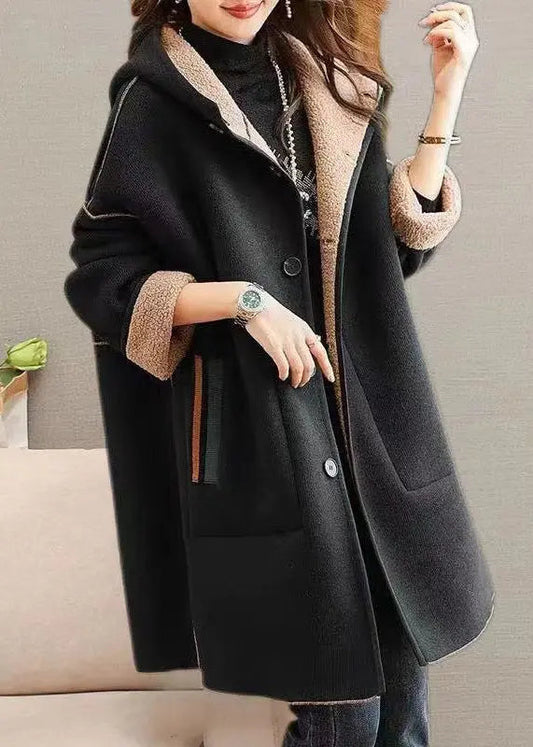 Plus Size Black Hooded Pockets Patchwork Woolen Coat Winter Ada Fashion