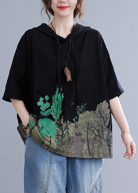 Plus Size Black Hooded Print Cotton Sweatshirt Summer Ada Fashion