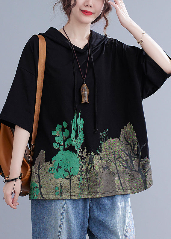 Plus Size Black Hooded Print Cotton Sweatshirt Summer Ada Fashion