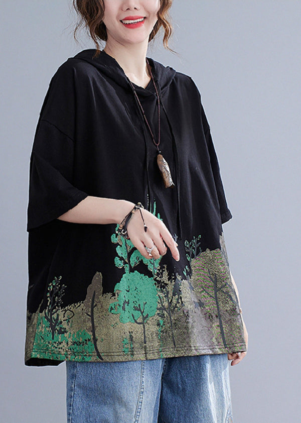 Plus Size Black Hooded Print Cotton Sweatshirt Summer Ada Fashion