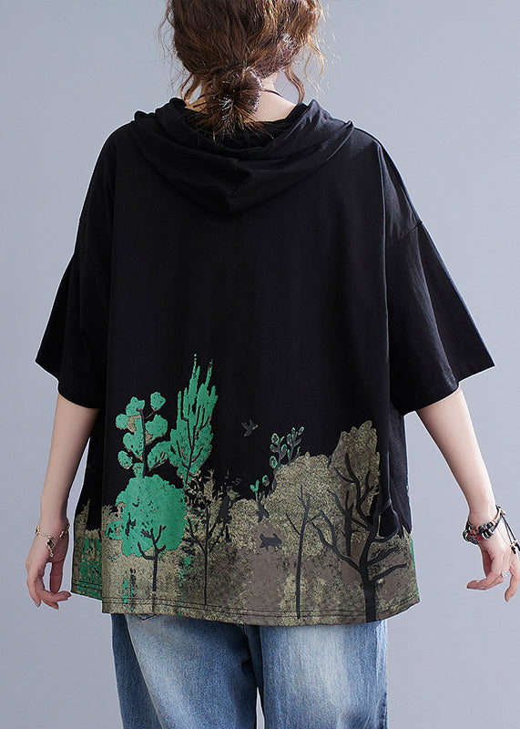 Plus Size Black Hooded Print Cotton Sweatshirt Summer Ada Fashion