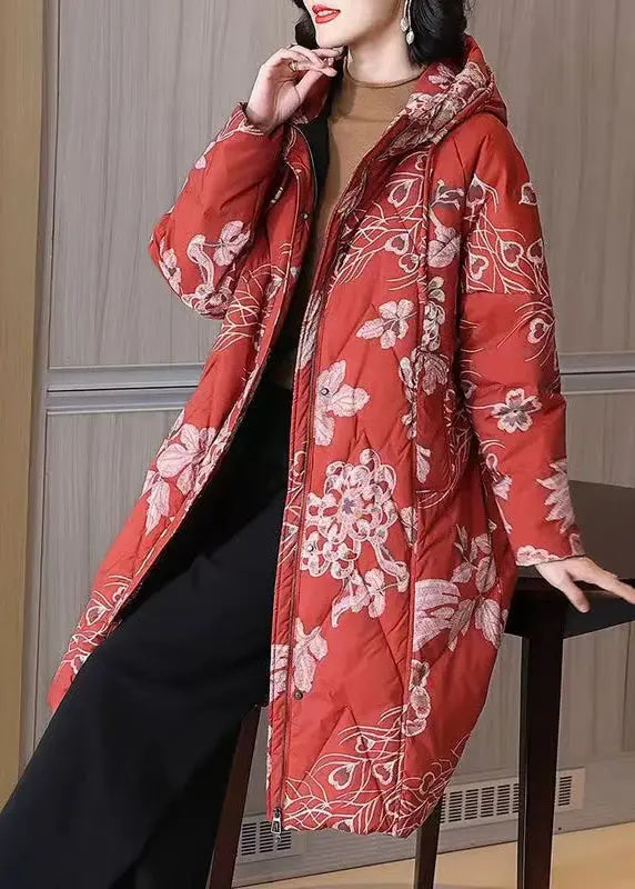 Plus Size Black Hooded Print Pockets Duck Down Down Coat Winter Ada Fashion