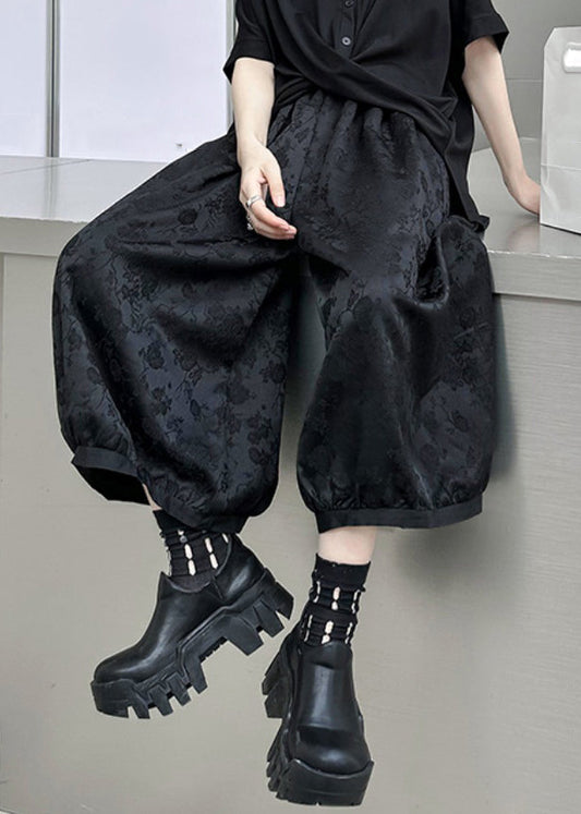 Plus Size Black Jacquard High Waist Patchwork Silk Lantern Pants Fall Ada Fashion