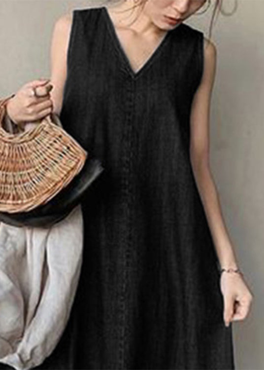 Plus Size Black Necek Tie Patchwork Solid Holiday Maxi Denim Dress Sleeveless LY2597 - fabuloryshop
