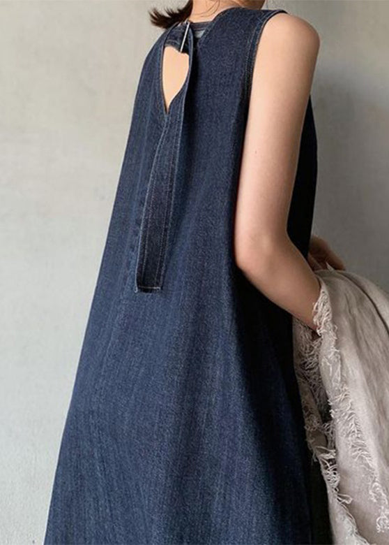 Plus Size Black Necek Tie Patchwork Solid Holiday Maxi Denim Dress Sleeveless LY2597 - fabuloryshop