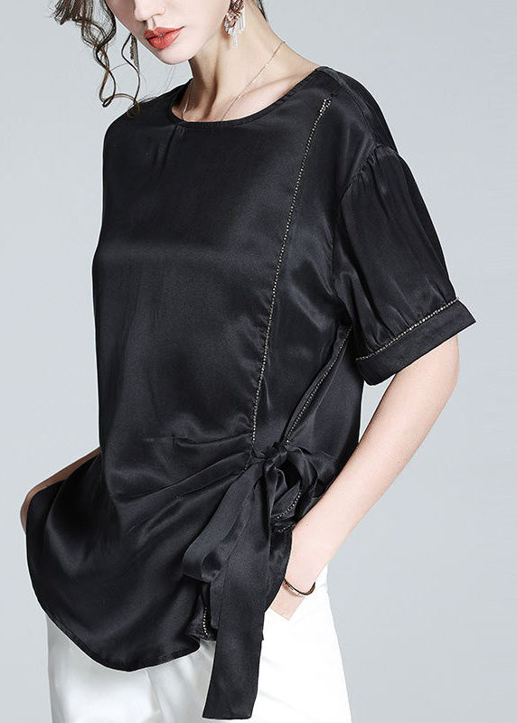 Plus Size Black O-Neck Drawstring Tie Waist Silk T Shirt Summer LY1008 - fabuloryshop