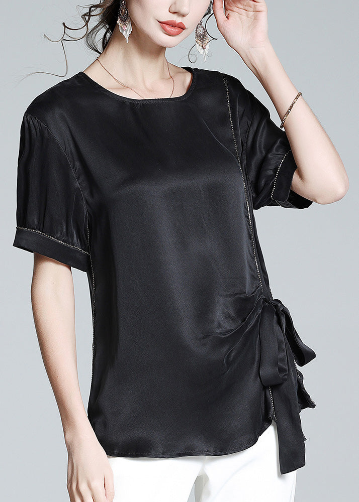 Plus Size Black O-Neck Drawstring Tie Waist Silk T Shirt Summer LY1008 - fabuloryshop