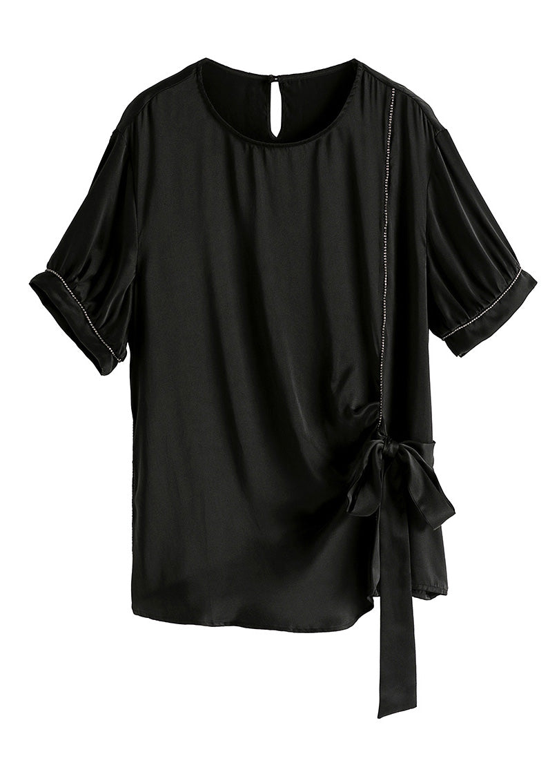 Plus Size Black O-Neck Drawstring Tie Waist Silk T Shirt Summer LY1008 - fabuloryshop