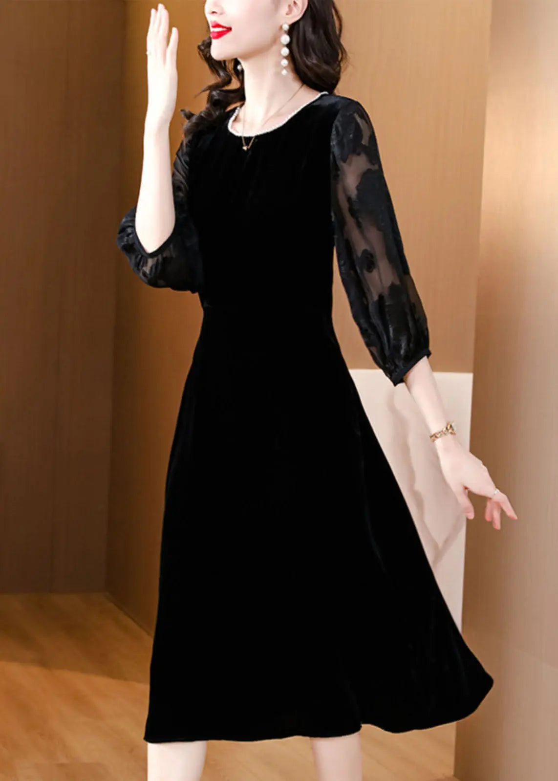 Plus Size Black O-Neck Embroidered Tulle Patchwork Silk Maxi Dresses Fall Ada Fashion