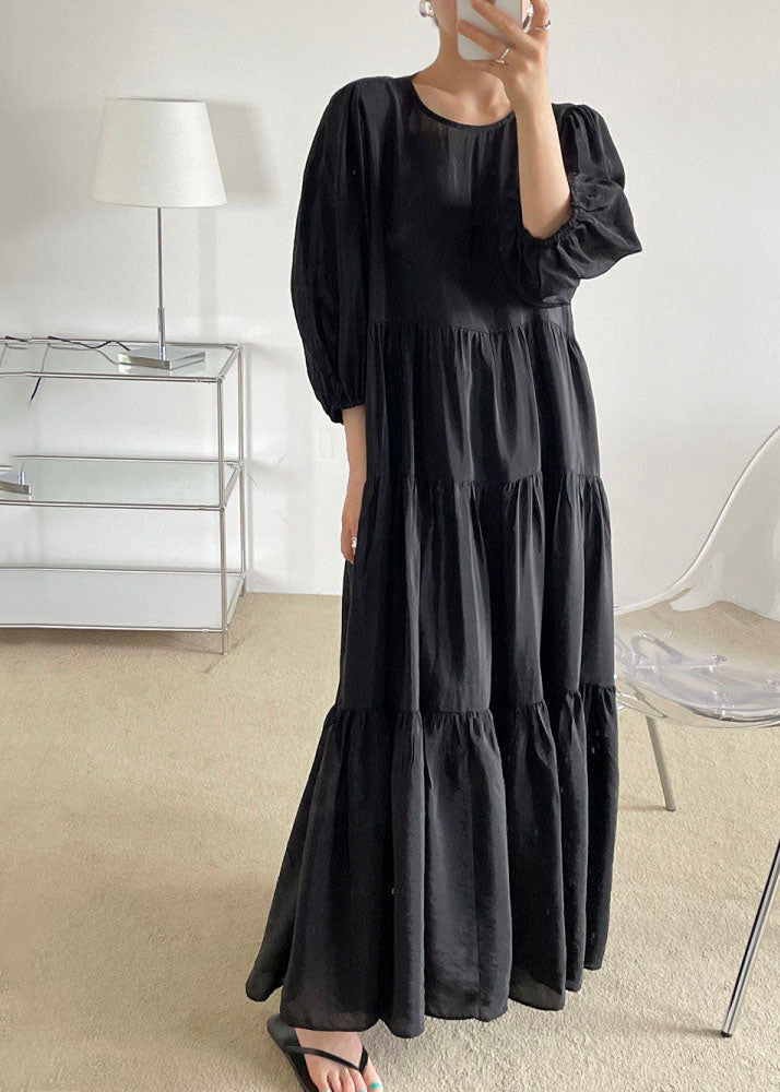 Plus Size Black O-Neck Patchwork Backless Cotton Maxi Dress Bracelet Sleeve LY1327 - fabuloryshop