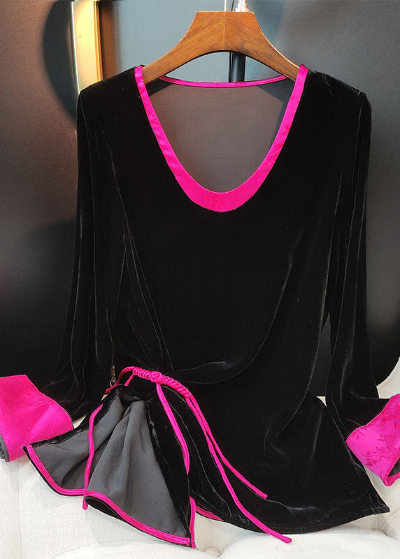 Plus Size Black O-Neck Patchwork Side Open Silk Velour Shirts Long Sleeve Ada Fashion