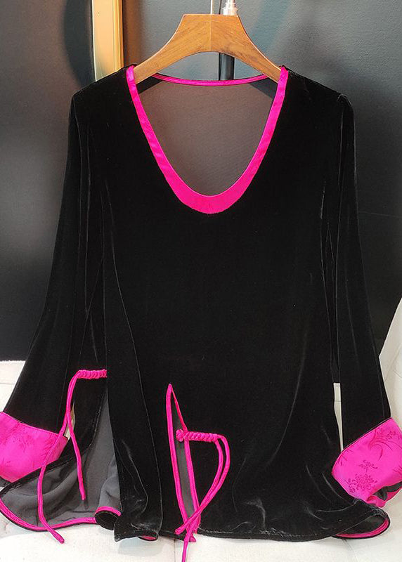 Plus Size Black O-Neck Patchwork Side Open Silk Velour Shirts Long Sleeve Ada Fashion