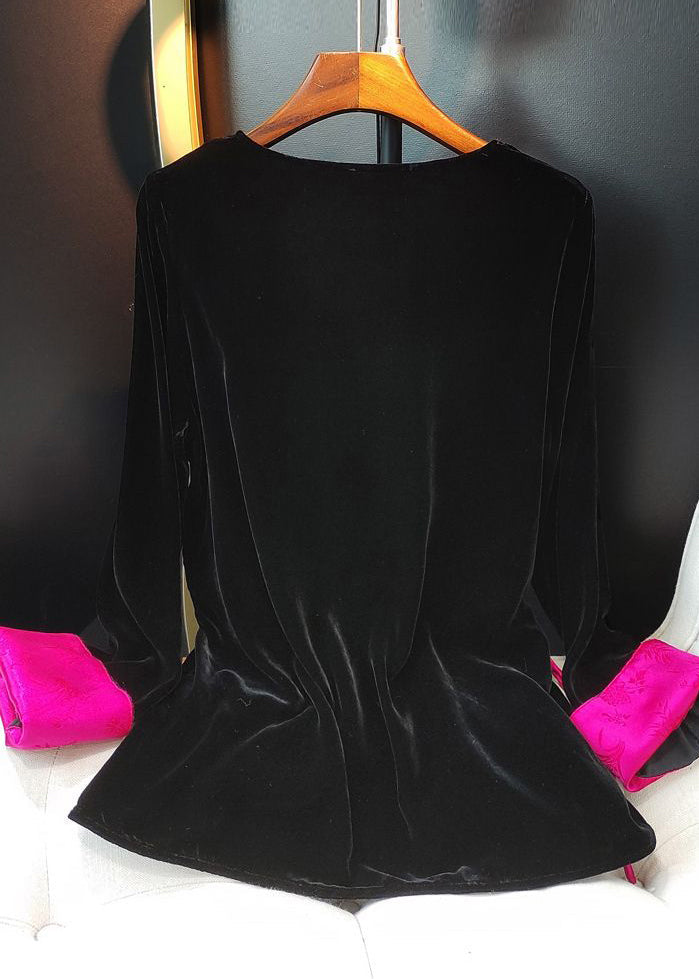 Plus Size Black O-Neck Patchwork Side Open Silk Velour Shirts Long Sleeve Ada Fashion