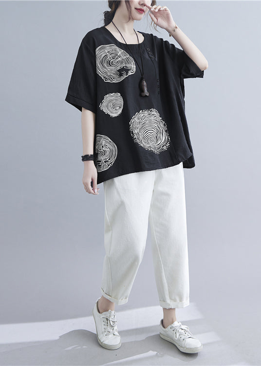 Plus Size Black O-Neck Print Cotton Tank Tops Summer LY2391 - fabuloryshop