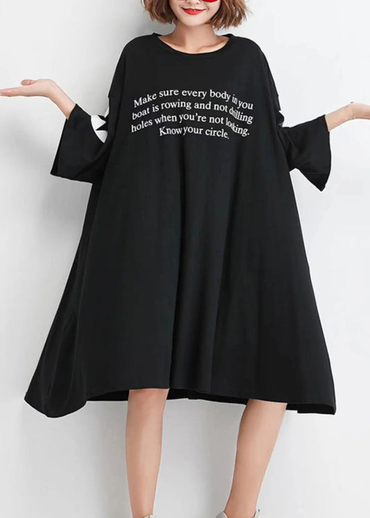 Plus Size Black O Neck Print Patchwork Cotton Dresses Half Sleeve Ada Fashion