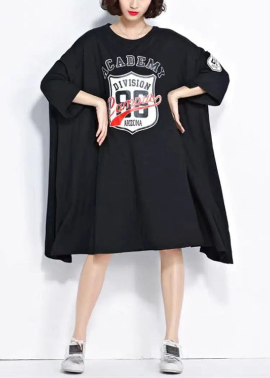 Plus Size Black O Neck Print Patchwork Cotton Mid Dress Summer Ada Fashion