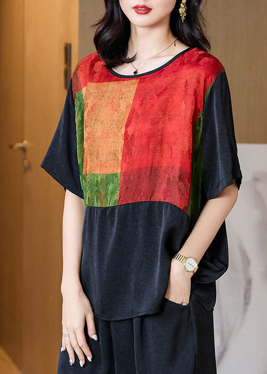 Plus Size Black O Neck Print Patchwork Silk T Shirt Tops Half Sleeve TF1025 - fabuloryshop