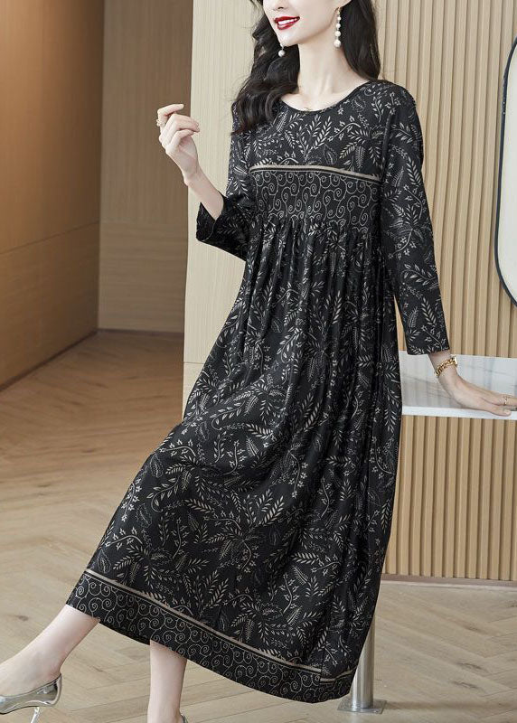 Plus Size Black O-Neck Print Silk Robe Dresses Spring TH1034 - fabuloryshop