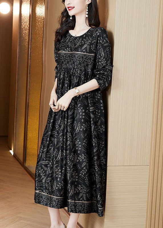 Plus Size Black O-Neck Print Silk Robe Dresses Spring TH1034 - fabuloryshop