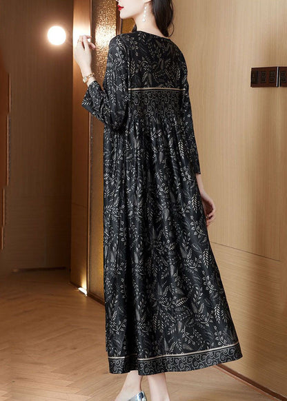 Plus Size Black O-Neck Print Silk Robe Dresses Spring TH1034 - fabuloryshop