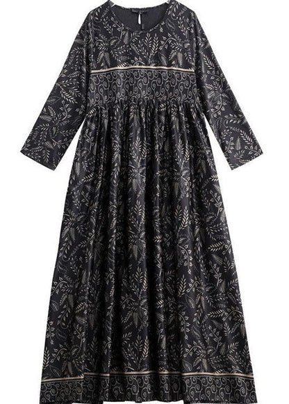 Plus Size Black O-Neck Print Silk Robe Dresses Spring TH1034 - fabuloryshop