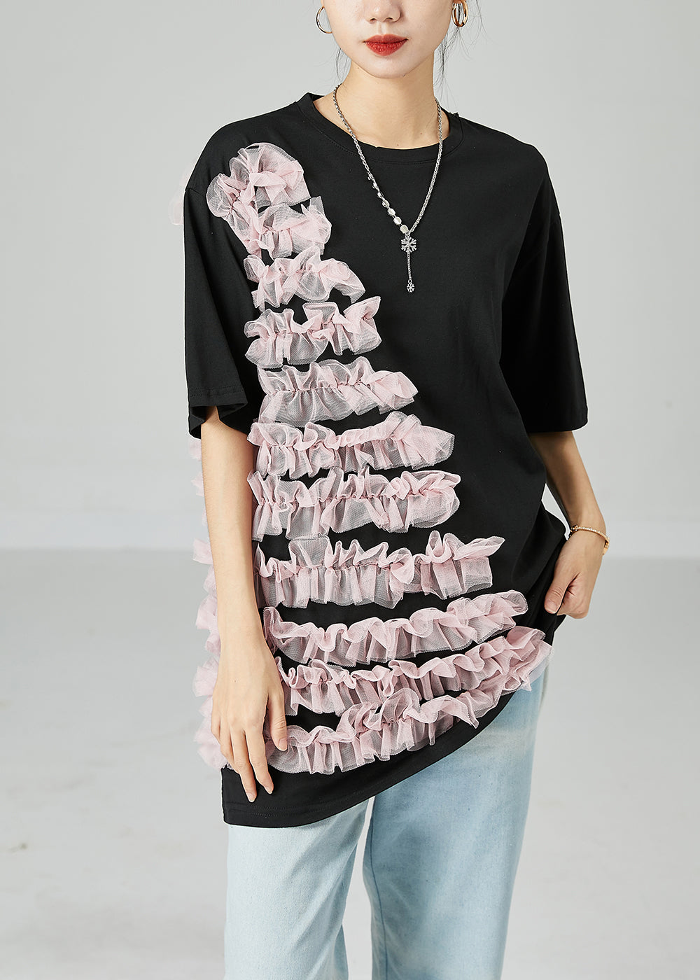 Plus Size Black Oversized Patchwork Ruffled Cotton Top Summer LY2456 - fabuloryshop