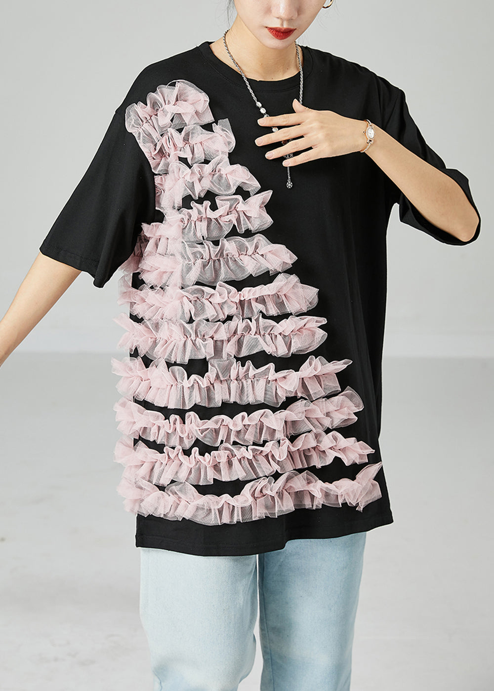 Plus Size Black Oversized Patchwork Ruffled Cotton Top Summer LY2456 - fabuloryshop