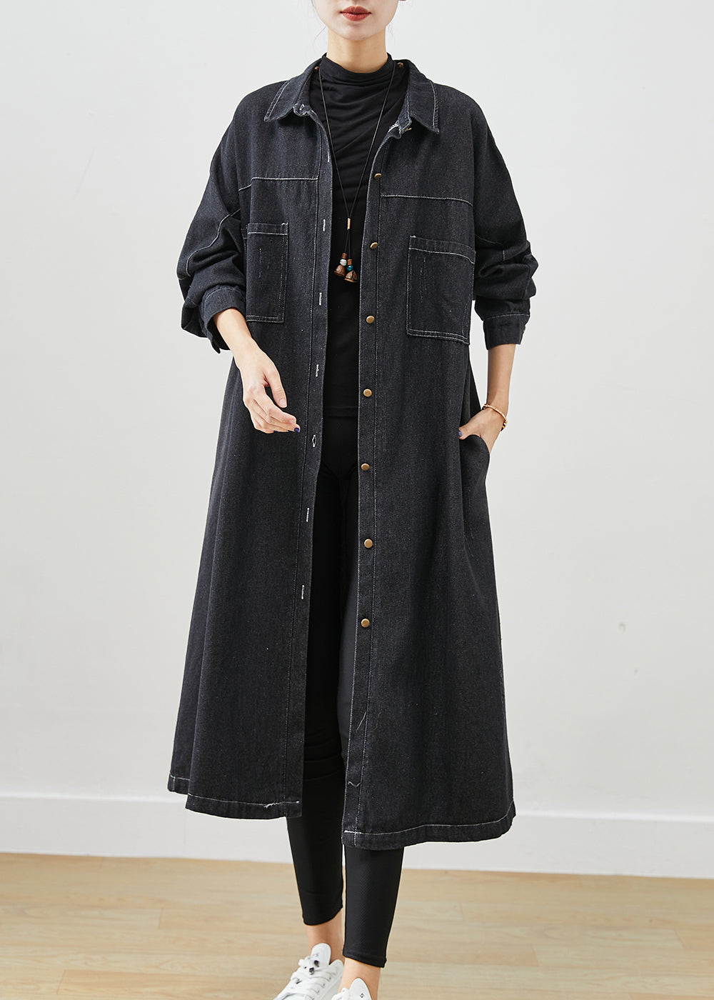 Plus Size Black Oversized Pockets Cotton Coats Fall Ada Fashion