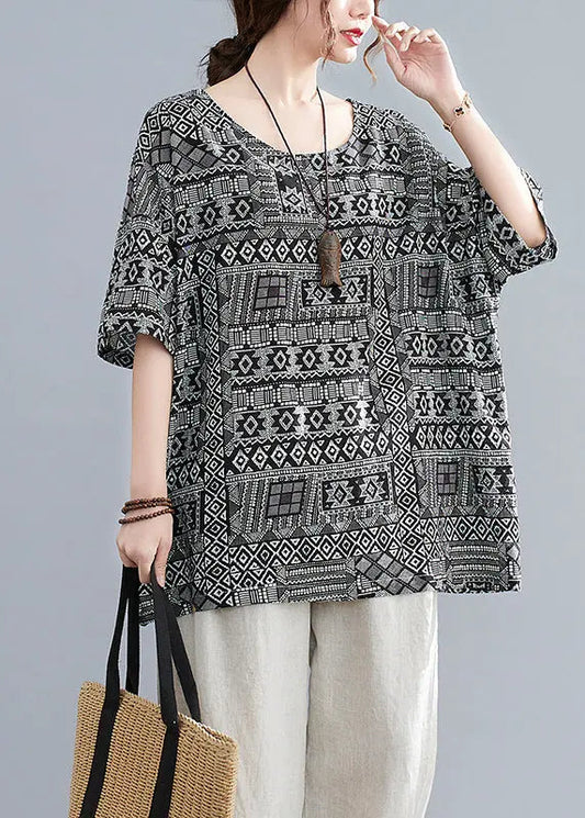 Plus Size Black Oversized Print Linen Tanks Half Sleeve Ada Fashion