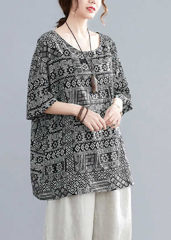 Plus Size Black Oversized Print Linen Tanks Half Sleeve Ada Fashion