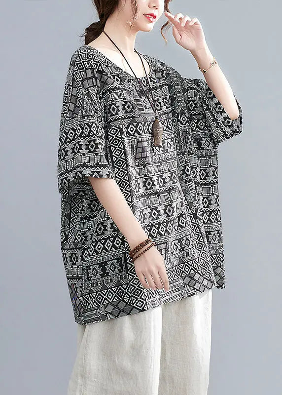Plus Size Black Oversized Print Linen Tanks Half Sleeve Ada Fashion