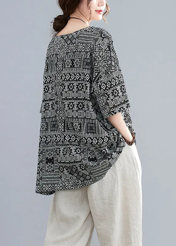 Plus Size Black Oversized Print Linen Tanks Half Sleeve Ada Fashion