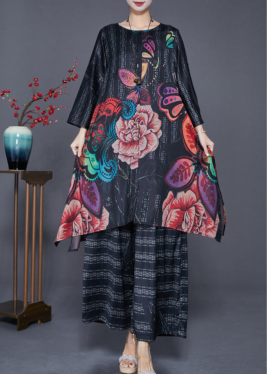 Plus Size Black Oversized Print Side Open Silk Two Pieces Set Summer LY7620