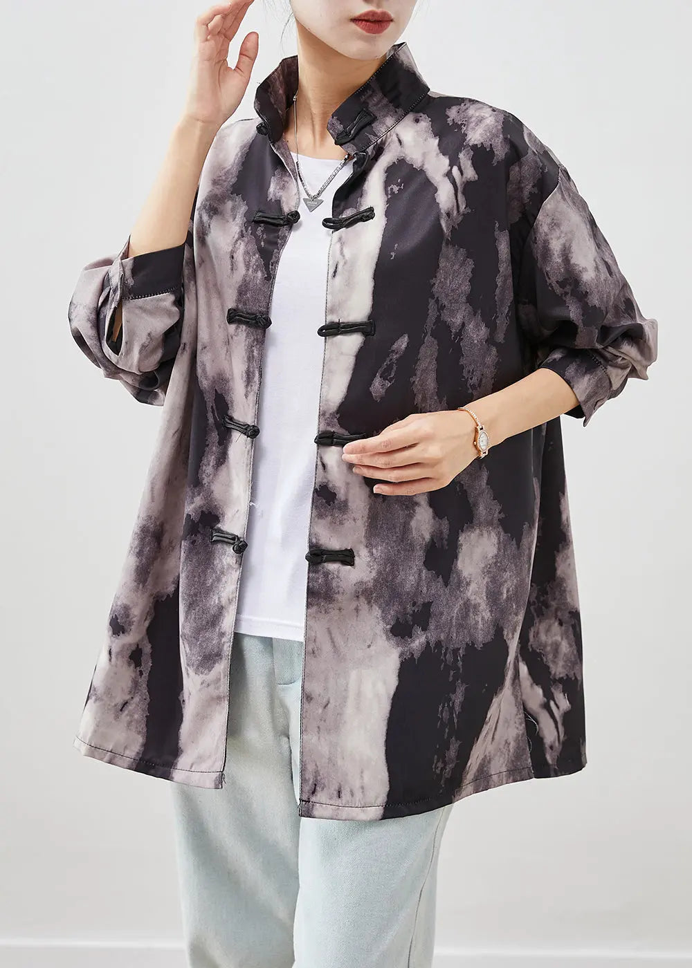 Plus Size Black Oversized Tie Dye Spandex Shirts Fall Ada Fashion