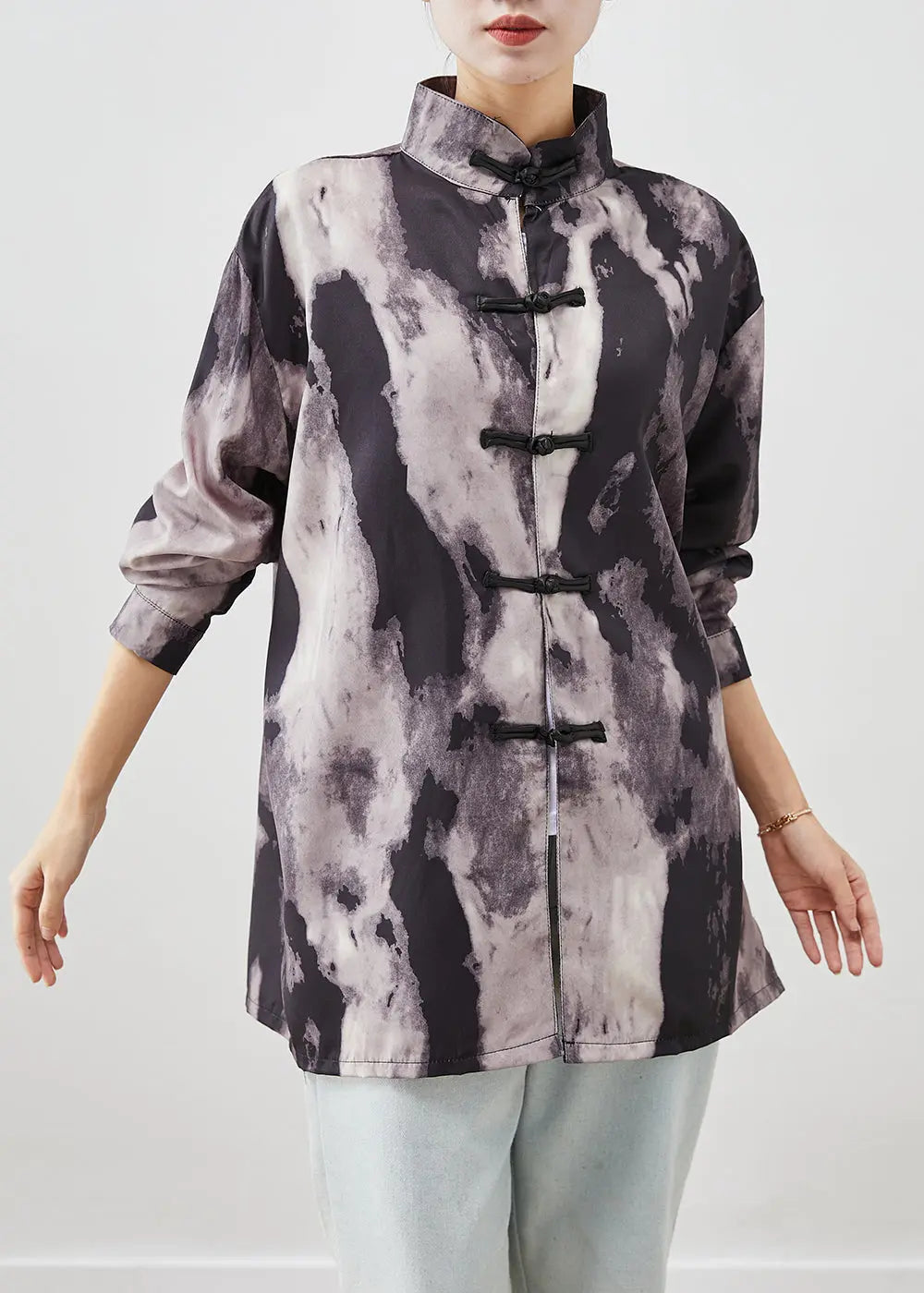 Plus Size Black Oversized Tie Dye Spandex Shirts Fall Ada Fashion