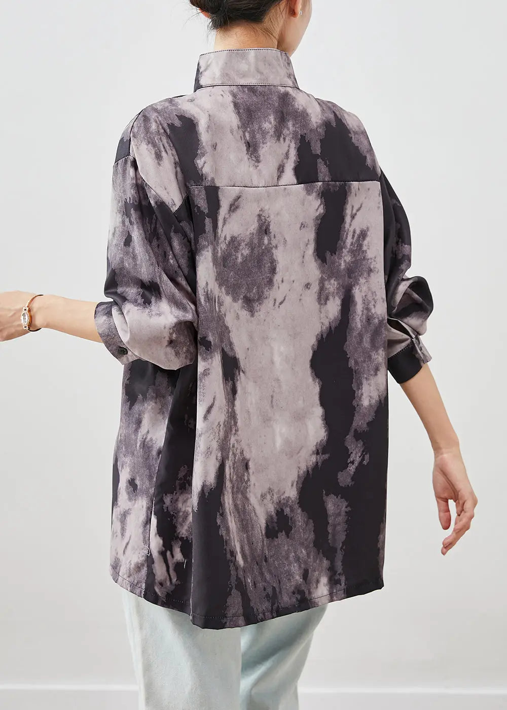 Plus Size Black Oversized Tie Dye Spandex Shirts Fall Ada Fashion